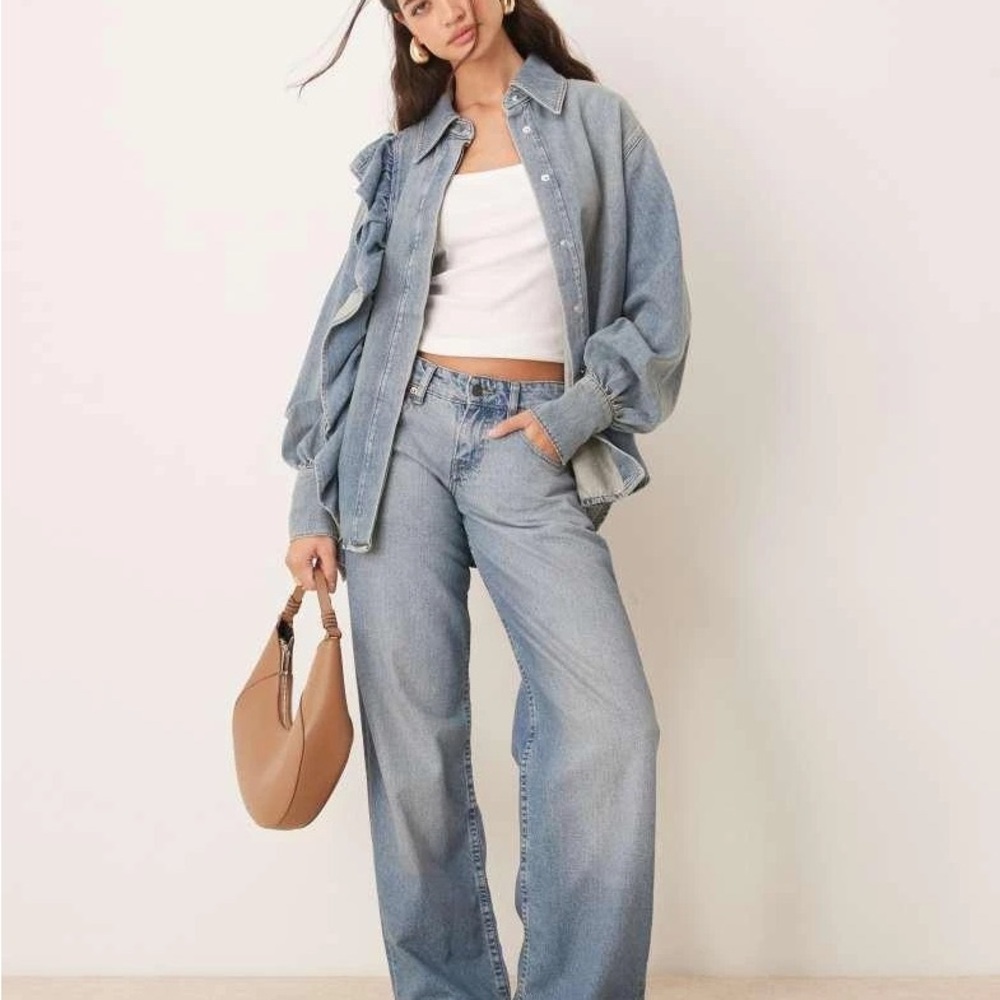 ASOS Light Blue Ruffle Denim Button-Down Shirt - Picture 4 of 4